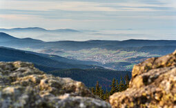 Weitblick vom Bayerischen Wald ins Tal mit Dörfern und Feldern.