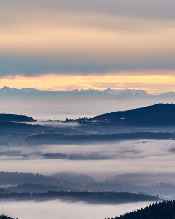Bayerischer Wald von oben bei Dämmerung mit Wolken