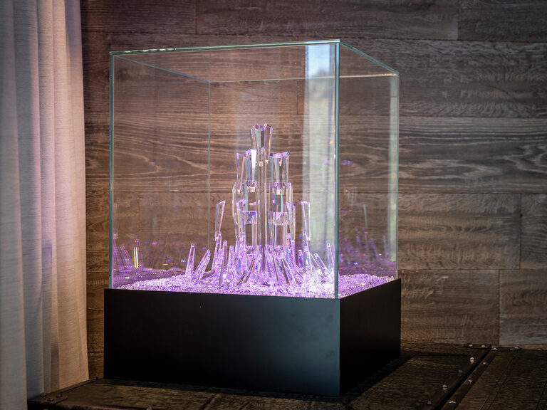 Dekorativer Glaskasten, bunt beleuchtet, mit abstrakter Glasskulptur, dahinter Holzwand