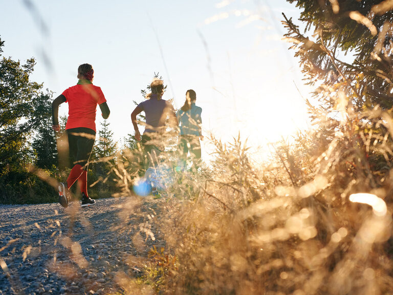 Drei Läufer im Sonnenaufgang laufen auf einen Berg