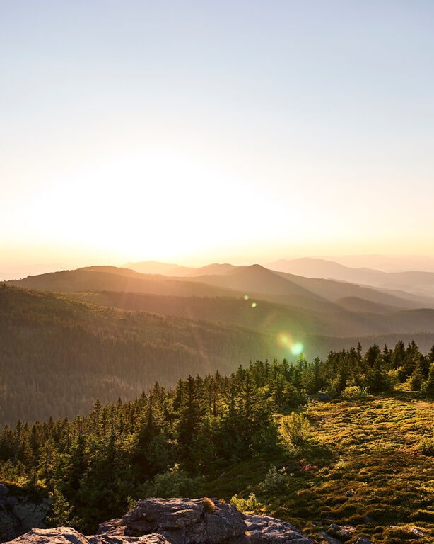 Luftaufnahme der beeindruckenden Landschaft des Bayerischen Waldes in der Dämmerung