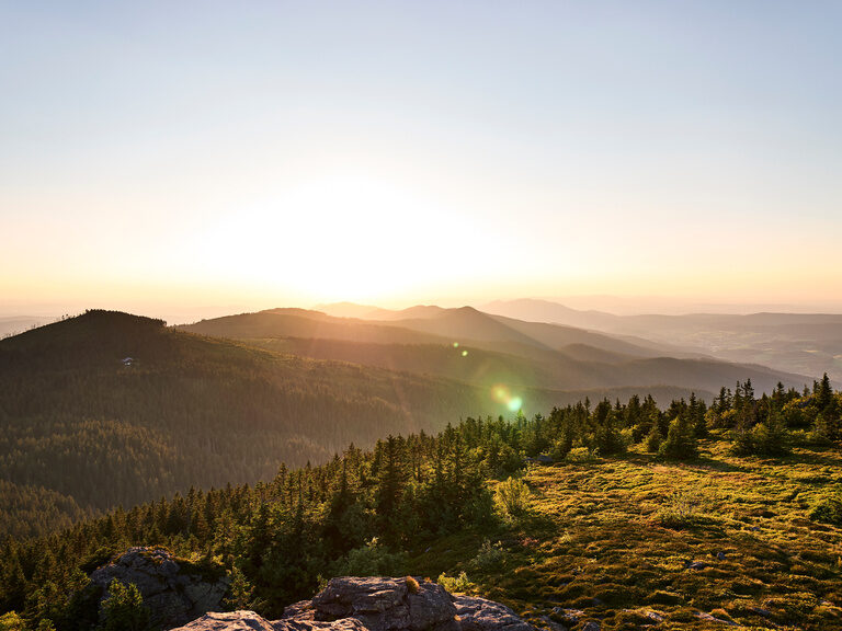 Luftaufnahme der beeindruckenden Landschaft des Bayerischen Waldes in der Dämmerung