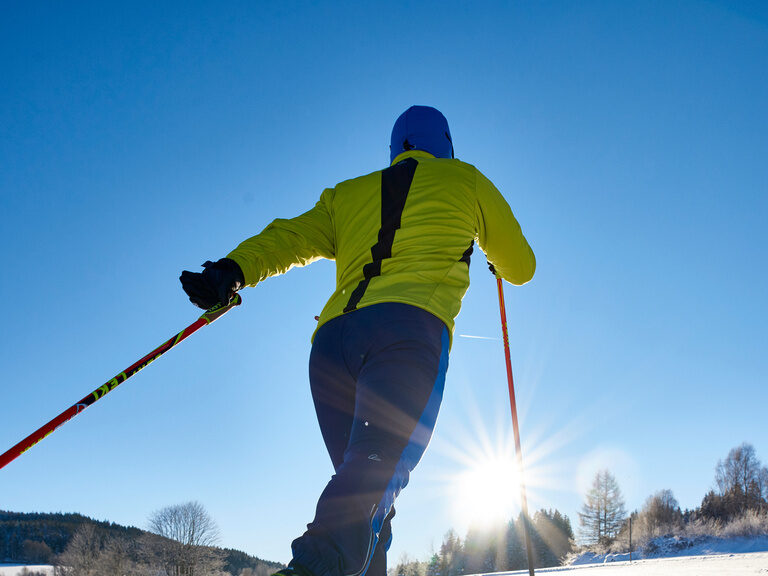 Ein Langläufer, von hinten gesehen, gleitet auf einer sonnigen, schneebedeckten Loipe