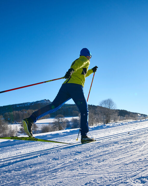 Rückansicht eines Langläufers, der auf sonniger, schneebedeckter Loipe gleitet