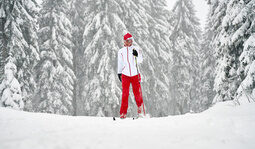 Langlaufen im winterlichen Bayerischen Wald nahe dem Hotel Hüttenhof Langläufer mit roter Hose gleitet durch den schneebedeckten Bayerischen Wald