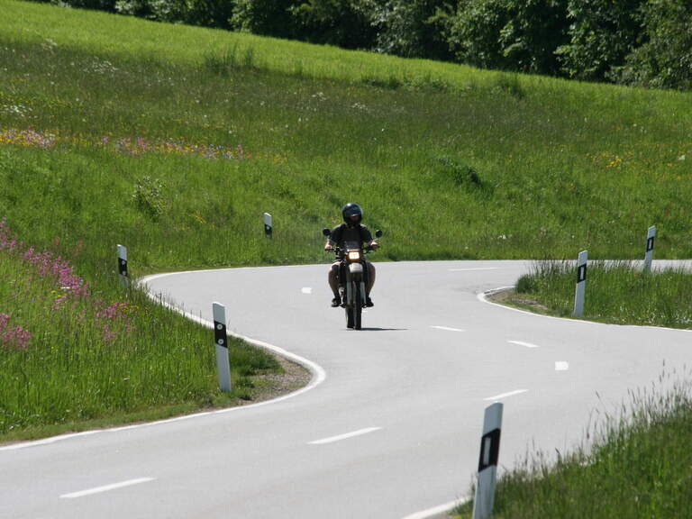 Motorradfahrer fährt auf Straße umgeben von grüner Wiese