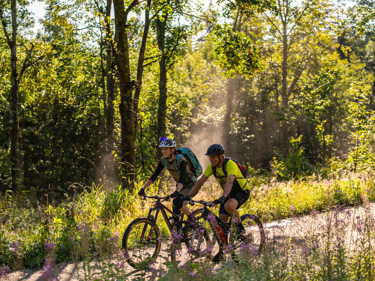 Paar fährt mit Mountainbike durch Bayerischen Wald
