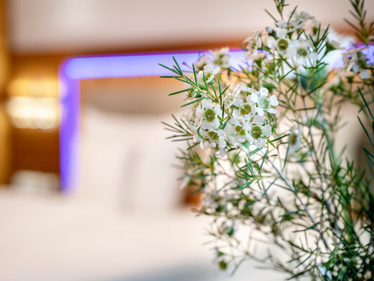 Nahaufnahme kleiner Blumenstrauß mit beleuchtetem Doppelbett im Hintergrund