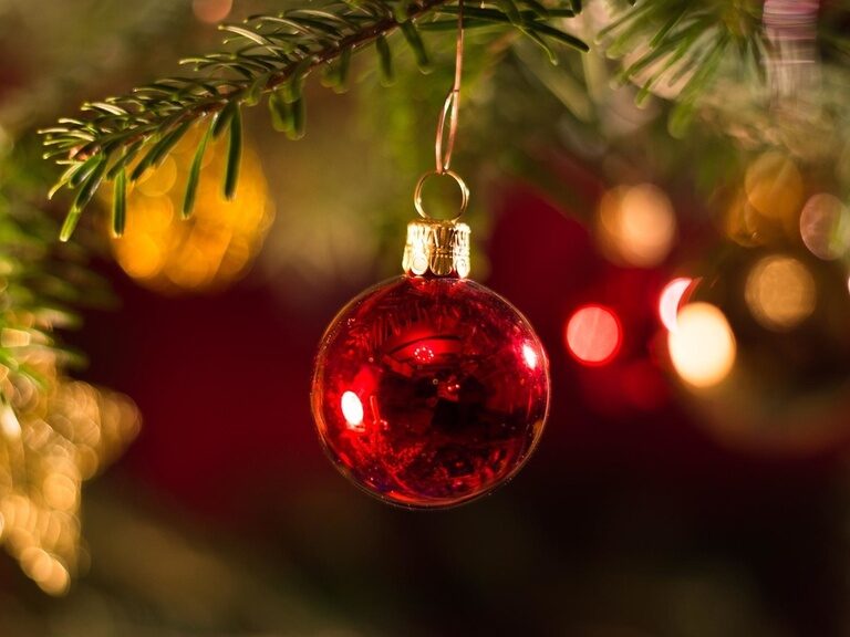 Rote Weihnachtskugel hängt am Tannenzweig des 4 Sterne Wellnesshotel Hüttenhof in Niederbayern Rote Weihnachtskugel hängt am Tannenzweig des 4 Sterne Luxushotel Hüttenhof im Bayerischen Wald