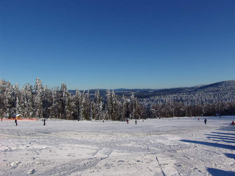 Schneebedeckte Piste mit Skifahrern umgeben von Wäldern nahe dem Luxushotel Hüttenhof