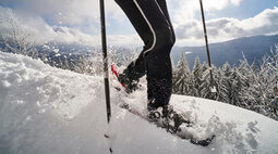 Nahaufnahme einer Schneeschuhwanderung durch tiefen Schnee im Bayerischen Wald.
