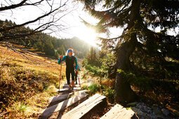 Wanderer besteigen Wanderweg im Bayerischen Wald nahe des Luxushotels Hüttenhof Wanderer auf dem Weg hinauf auf einem malerischen Wanderweg im Bayerischen Wald