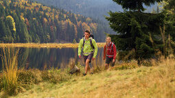 Wandern am Hotel Hüttenhof Grainet Pärchen wandert neben See in einem herbstlichen Wald mit bunten Blättern