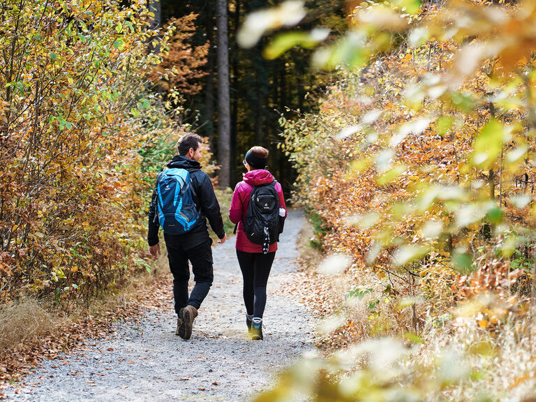 Paar wandert am See im Bayerischen Wald entlang