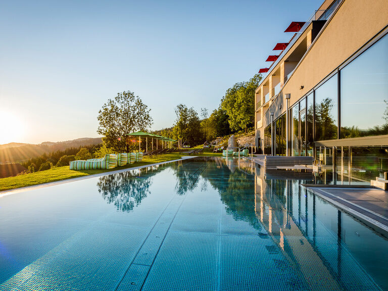 Bergdorf mit allen Vorzügen des Wellnesshotels Infinity-Pool mit Weitblick über den Bayerischen Wald, Natur